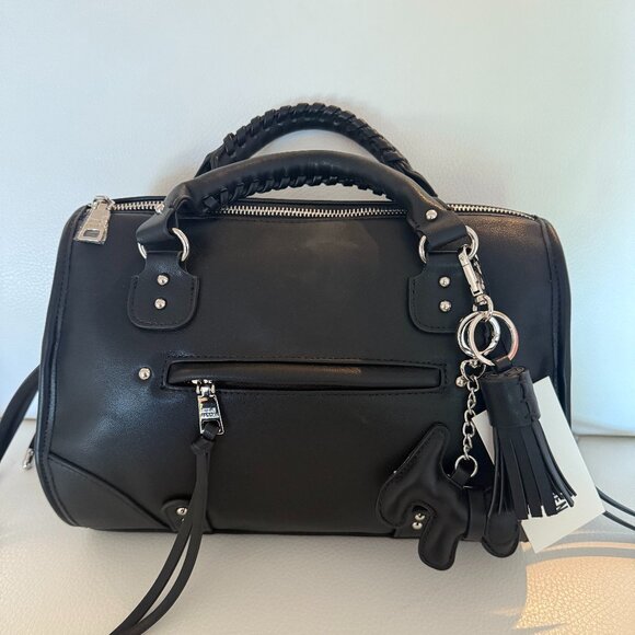 NWT STEVE MADDEN BRHENNY SATCHEL CROSSBODY BAG W DOG / TASSEL KEYRING BLACK - Picture 1 of 7
